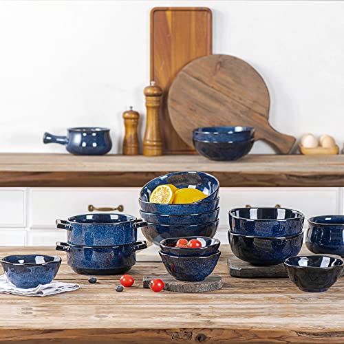 vicrays Ceramic Cereal Bowls Set - Porcelain 26 Ounce Soup Salad Bowls Set - Rice Dessert Cream Bowls Set - Chip Resistant Dishwasher Microwave Safe - Set of 6 (Blue)