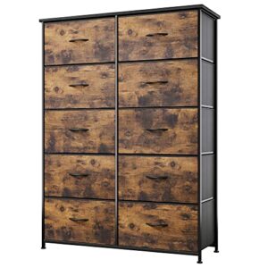 yitahome 10 drawers dresser - fabric storage tower organizer unit for bedroom, living room, hallway, closets - sturdy steel frame, wooden top & easy pull fabric bins (rustic brown) (mayih0000272ma)