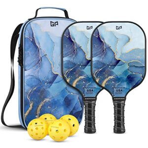 gigapower pickleball paddles | usapa approved | graphite carbon face with polypropylene honeycomb core | lightweight pickleball paddles set of 2 rackets, 4 balls and 1 carry bag, ocean marble
