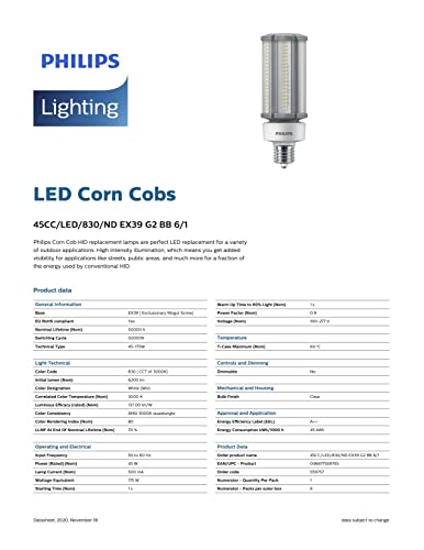 Philips 559757 Corn Cob 45W LED = 175W - 200W HID Retrofit Lamp 6200 Lumen Light Bulb Outdoor Post Tops Parking Lots Ballast Bypass 3000K Mogul 45CC/LED/830/ND ED23.5 ED28 BT28 MVR175 MH175/ED28 MH175