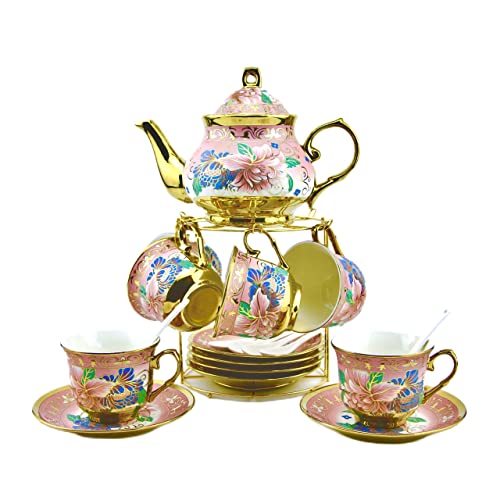 20 Pieces Porcelain Tea Set With Metal Holder, European Ceramic tea set for adults,Flower Tea Set,Tea Set For Women With Flower Painting (Large version, Pink)