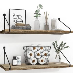 sapowerntus long floating shelves for wall mounted 24 inch, rustic farmhouse wood bathroom hanging extended shelf, bedroom living room kitchen office display, storage decor set of 2, brown