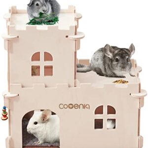 Cooenia Castle Chinchilla House, Hamster Wooden Large 2 Floor Guinea Pig Hideout Play House Hut with Windows, Door and Apple Sticks for Hedgehog Gerbil Hamster Small Animal Habitat