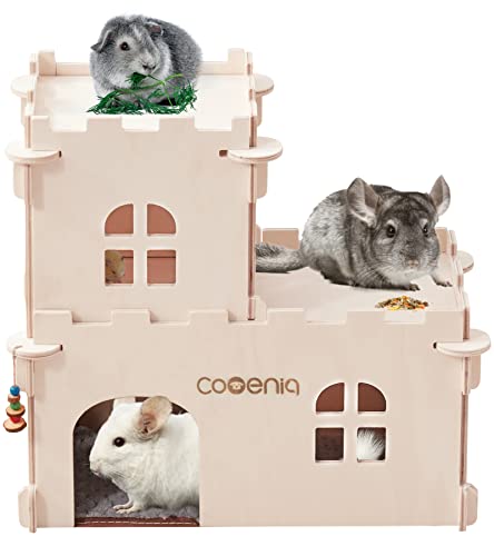 Cooenia Castle Chinchilla House, Hamster Wooden Large 2 Floor Guinea Pig Hideout Play House Hut with Windows, Door and Apple Sticks for Hedgehog Gerbil Hamster Small Animal Habitat