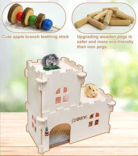 Cooenia Castle Chinchilla House, Hamster Wooden Large 2 Floor Guinea Pig Hideout Play House Hut with Windows, Door and Apple Sticks for Hedgehog Gerbil Hamster Small Animal Habitat