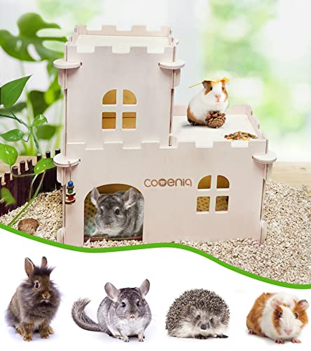 Cooenia Castle Chinchilla House, Hamster Wooden Large 2 Floor Guinea Pig Hideout Play House Hut with Windows, Door and Apple Sticks for Hedgehog Gerbil Hamster Small Animal Habitat