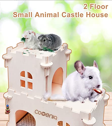 Cooenia Castle Chinchilla House, Hamster Wooden Large 2 Floor Guinea Pig Hideout Play House Hut with Windows, Door and Apple Sticks for Hedgehog Gerbil Hamster Small Animal Habitat