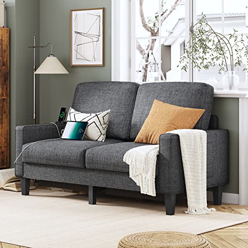 AOGLLATI 58" Small Loveseat for Bedroom with Hidden Storage, Love Seat with 2 USB Charging Ports, Loveseat Sofa with Side Storage Pocket, Sofa Couch for Living Room Apartment and Small Spaces