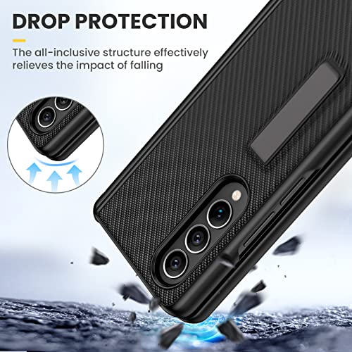 Ruky Kickstand Case for Galaxy Z Fold 4, Hinge Protection, Full Body & Built-in Screen Protector, PU Leather Stand Case for Samsung Galaxy Z Fold 4 5G, Carbon Fiber