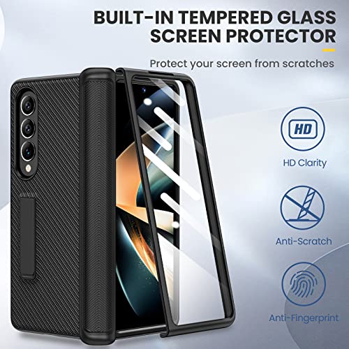 Ruky Kickstand Case for Galaxy Z Fold 4, Hinge Protection, Full Body & Built-in Screen Protector, PU Leather Stand Case for Samsung Galaxy Z Fold 4 5G, Carbon Fiber