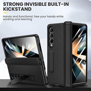 Ruky Kickstand Case for Galaxy Z Fold 4, Hinge Protection, Full Body & Built-in Screen Protector, PU Leather Stand Case for Samsung Galaxy Z Fold 4 5G, Carbon Fiber