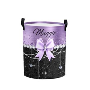 glitter print purple black bow personalized foldable freestanding laundry basket clothes hamper with handle, custom collapsible storage bin for toys bathroom laundry