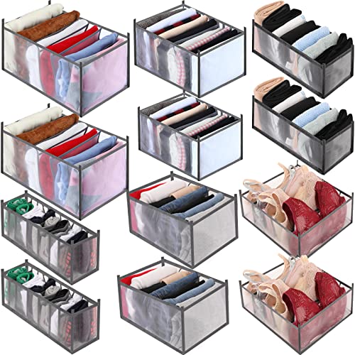 12 Pcs Wardrobe Clothes Organizer Foldable Drawer Organizers Gray Clothing Organizer Clothing Compartment Storage Box, 6/7/9/11 Grids (Upgraded:2x(Sweater+Jean+Shirt+Bra+Legging+Sock))