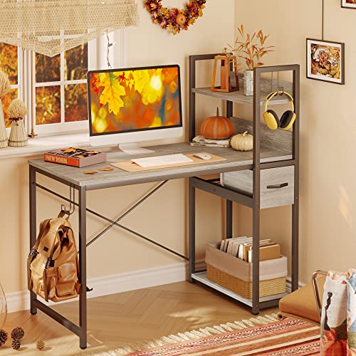 Bestier Home Office Desk with Drawer and Cable Management Rack, 47 Inch Computer Desk with Shelves, Writing Desk with Reversible Storage Bookshelf (Retro Grey Oak Light)