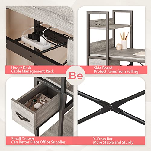 Bestier Home Office Desk with Drawer and Cable Management Rack, 47 Inch Computer Desk with Shelves, Writing Desk with Reversible Storage Bookshelf (Retro Grey Oak Light)