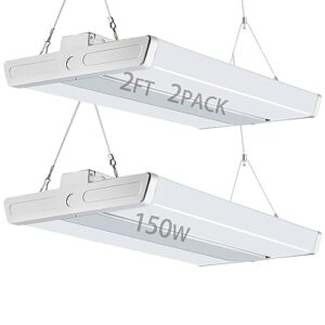 lightdot 2 pack led high bay shop light, 2ft (large area illumination) 150w 21500lm [eqv.600w mh/hps] 5000k daylight linear hanging light for warehouse, energy saving upto 5600kw*2/5yrs(5hrs/day)