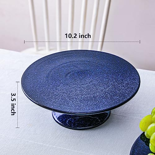 Vicrays Ceramic Round Cake Stand - Porcelain 10 Inch Pedestal Pastry Serving Tray for Snacks Desserts Cookies Cupcakes - Ideal for Birthdays Easter Christmas Wedding Home Decor - Reactive Glaze Blue