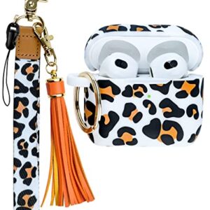 Airpods 3rd Generation Case with Keychain Wristlet, OULRAEFS Soft Silicone Skin Case Cute Airpod Case 3rd Generation Protective Case Cover with Wrist Lanyard for Airpods 3 2021 Gift for Women, Leopard