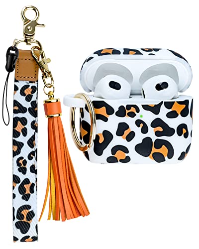 Airpods 3rd Generation Case with Keychain Wristlet, OULRAEFS Soft Silicone Skin Case Cute Airpod Case 3rd Generation Protective Case Cover with Wrist Lanyard for Airpods 3 2021 Gift for Women, Leopard