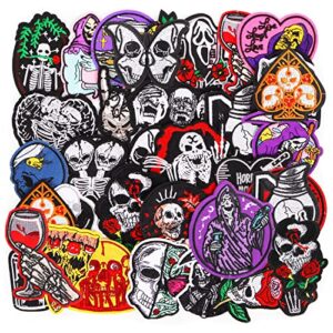 kingsow skull embroidered iron-on patches: 32pcs assorted colorful series cool goth punk style sew-on repair decorative patch applique for jackets jean clothing backpacks