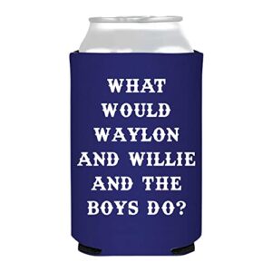 southern roots theme can cooler, us made, 12 oz sleeves for soda, beer, seltzer, beverages (single) (what would waylon and willie and the boys do, royal blue w/ white lettering, foam) | sip hip hooray
