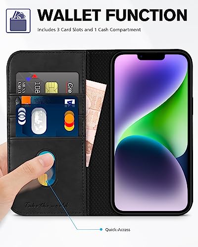 TUCCH Case Wallet for iPhone 14 6.1", [3 Card Holder] Slots Folio PU Leather Cover, [RFID Blocking] Stand Flip Case with [TPU Shockproof Interior Case] Compatible with iPhone 14 2022, Classic Black