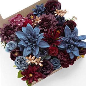 udoula burgundy artificial flowers combo pack, faux navy blue flowers wedding combo for diy wedding bouquets combo arrangements party bridal baby shower centerpieces