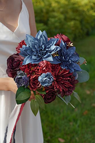 Udoula Burgundy Artificial Flowers Combo Pack, Faux Navy Blue Flowers Wedding Combo for DIY Wedding Bouquets Combo Arrangements Party Bridal Baby Shower centerpieces