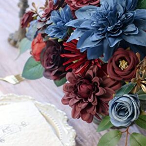 Udoula Burgundy Artificial Flowers Combo Pack, Faux Navy Blue Flowers Wedding Combo for DIY Wedding Bouquets Combo Arrangements Party Bridal Baby Shower centerpieces