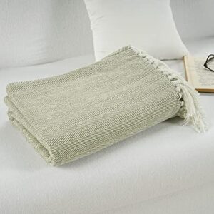 LANE LINEN Super Soft Throw Blanket for Couch & Bed - Classic Herringbone Weave with Tassel Cotton Lightweight Breathable Durable Cozy Warm – Pack of 2 50”x70” Sage Green