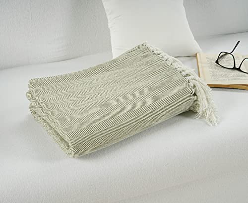 LANE LINEN Super Soft Throw Blanket for Couch & Bed - Classic Herringbone Weave with Tassel Cotton Lightweight Breathable Durable Cozy Warm – Pack of 2 50”x70” Sage Green