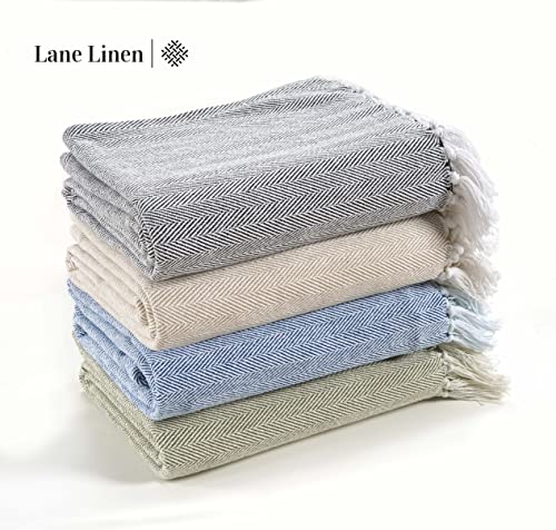 LANE LINEN Super Soft Throw Blanket for Couch & Bed - Classic Herringbone Weave with Tassel Cotton Lightweight Breathable Durable Cozy Warm – Pack of 2 50”x70” Sage Green