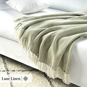 LANE LINEN Super Soft Throw Blanket for Couch & Bed - Classic Herringbone Weave with Tassel Cotton Lightweight Breathable Durable Cozy Warm – Pack of 2 50”x70” Sage Green