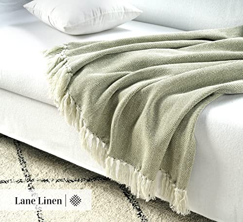 LANE LINEN Super Soft Throw Blanket for Couch & Bed - Classic Herringbone Weave with Tassel Cotton Lightweight Breathable Durable Cozy Warm – Pack of 2 50”x70” Sage Green