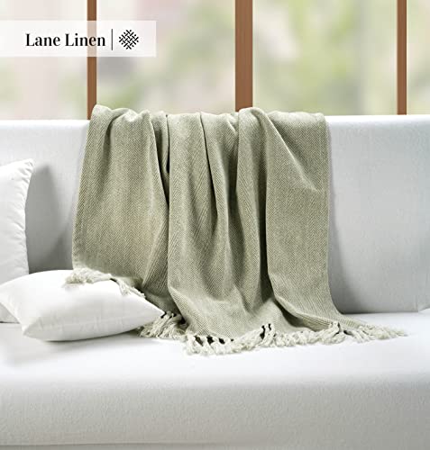 LANE LINEN Super Soft Throw Blanket for Couch & Bed - Classic Herringbone Weave with Tassel Cotton Lightweight Breathable Durable Cozy Warm – Pack of 2 50”x70” Sage Green