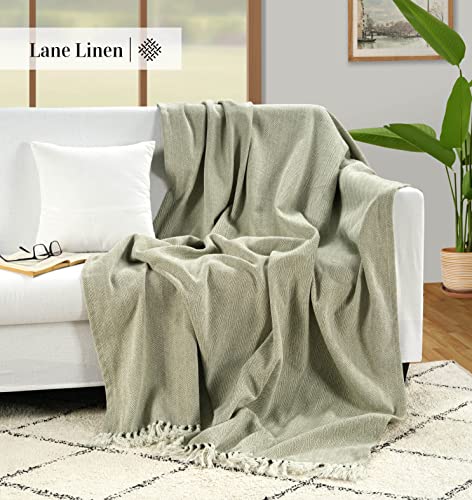 LANE LINEN Super Soft Throw Blanket for Couch & Bed - Classic Herringbone Weave with Tassel Cotton Lightweight Breathable Durable Cozy Warm – Pack of 2 50”x70” Sage Green