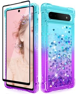dzxouui pixel 6a case, glitter quicksand, glass screen protector, reinforced tpu cover - teal/purple