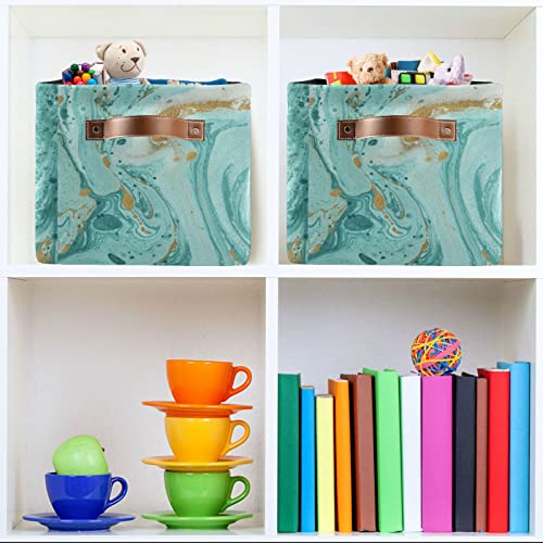 Kigai Turquoise Marble Texture Storage Baskets Rectangle Foldable Canvas Fabric Organizer Storage Boxes with Handles for Home Office Decorative Closet Shelves Clothes Storage