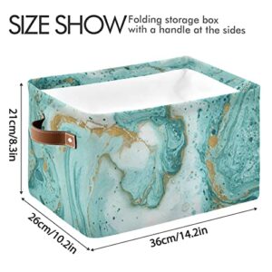 Kigai Turquoise Marble Texture Storage Baskets Rectangle Foldable Canvas Fabric Organizer Storage Boxes with Handles for Home Office Decorative Closet Shelves Clothes Storage