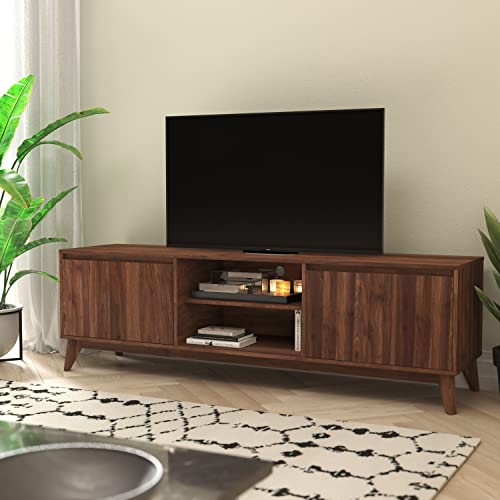 Flash Furniture Hatfield Mid-Century Modern TV Stand For 65+ Inch TV's - Walnut Laminate Finish - 70 Inch Media Center - Adjustable Center Shelf - Soft Close Doors,Dark Walnut