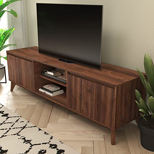 Flash Furniture Hatfield Mid-Century Modern TV Stand For 65+ Inch TV's - Walnut Laminate Finish - 70 Inch Media Center - Adjustable Center Shelf - Soft Close Doors,Dark Walnut