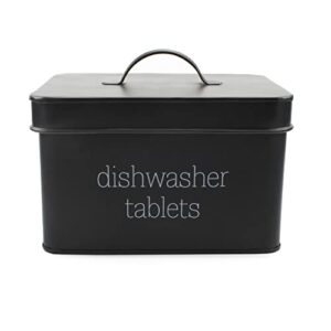 auldhome black dishwasher pod holder, tablet container; enamelware kitchen storage tin with lid