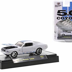 1968 Custom Platinum Pearl White with Blue Stripes 5.0 Coyote Limited Edition to 5500 pcs Worldwide 1/64 Diecast Model Car by M2 Machines 31500-HS27