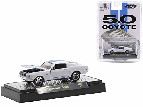 1968 Custom Platinum Pearl White with Blue Stripes 5.0 Coyote Limited Edition to 5500 pcs Worldwide 1/64 Diecast Model Car by M2 Machines 31500-HS27