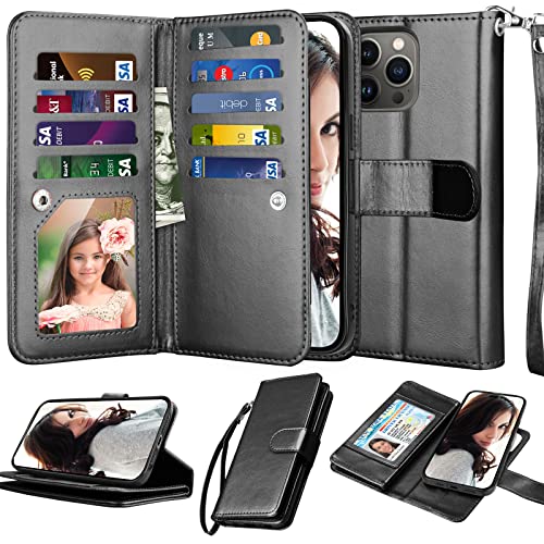 NJJEX Wallet Case for iPhone 14 Pro Max 6.7" 2022, for iPhone 14 Pro Max Case, [9 Card Slots] PU Leather ID Credit Holder Folio Flip [Detachable] Kickstand Magnetic Phone Cover & Lanyard [Black]