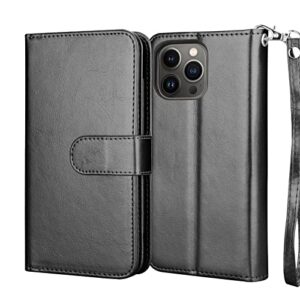 NJJEX Wallet Case for iPhone 14 Pro Max 6.7" 2022, for iPhone 14 Pro Max Case, [9 Card Slots] PU Leather ID Credit Holder Folio Flip [Detachable] Kickstand Magnetic Phone Cover & Lanyard [Black]