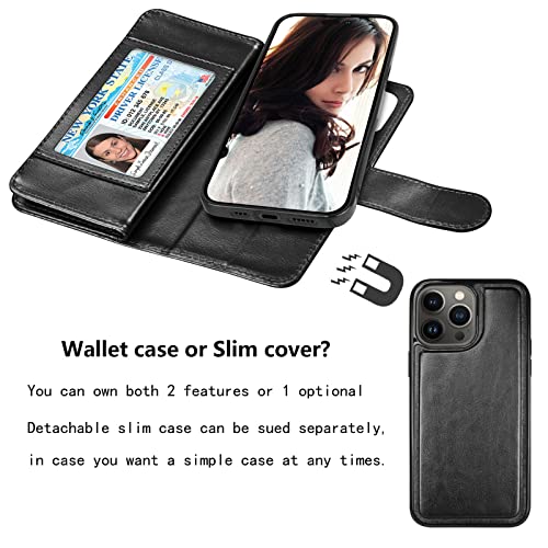 NJJEX Wallet Case for iPhone 14 Pro Max 6.7" 2022, for iPhone 14 Pro Max Case, [9 Card Slots] PU Leather ID Credit Holder Folio Flip [Detachable] Kickstand Magnetic Phone Cover & Lanyard [Black]