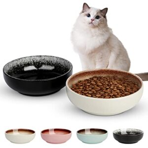 ceramic cat bowls, toptier cat bowls cat dishes for food and water, shallow cat food bowls pet dishes for cats, kittens, and small animals, set of 2, black and white