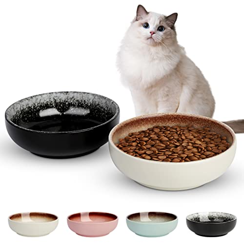 Ceramic Cat Bowls, Toptier Cat Bowls Cat Dishes for Food and Water, Shallow Cat Food Bowls Pet Dishes for Cats, Kittens, and Small Animals, Set of 2, Black and White