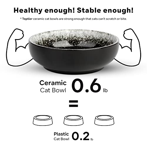 Ceramic Cat Bowls, Toptier Cat Bowls Cat Dishes for Food and Water, Shallow Cat Food Bowls Pet Dishes for Cats, Kittens, and Small Animals, Set of 2, Black and White